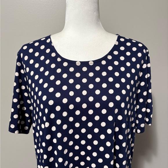 Olsen Short Sleeve Jersey Knit T-Shirt Dress Tiered Hem Blue and White Dot - Picture 3 of 13